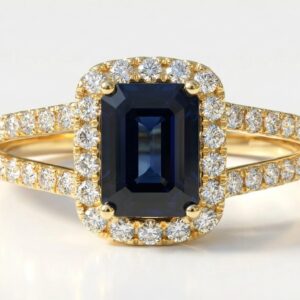 Emerald Cut With Diamond Halo in Yellow Gold